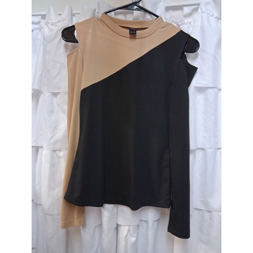 SHEIN Womens Cold Shoulder Ribbed Top Black Tan Colorblock Mock Neck Size M 1625